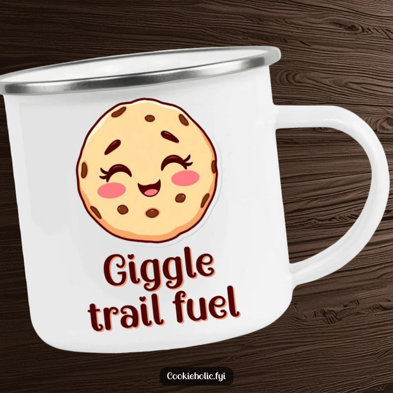 Funny camping mug showcasing a cookie character with a happy, messy face, caught in a joyful giggle.