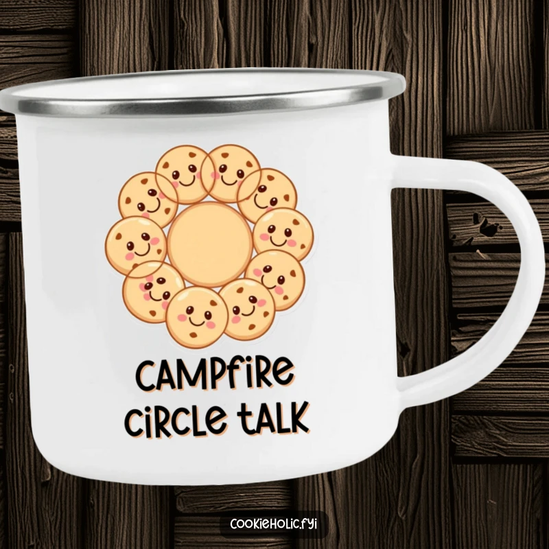 Funny cookie circle camping mug showing happy cookies forming a circle, perfect for sharing warmth outdoors.