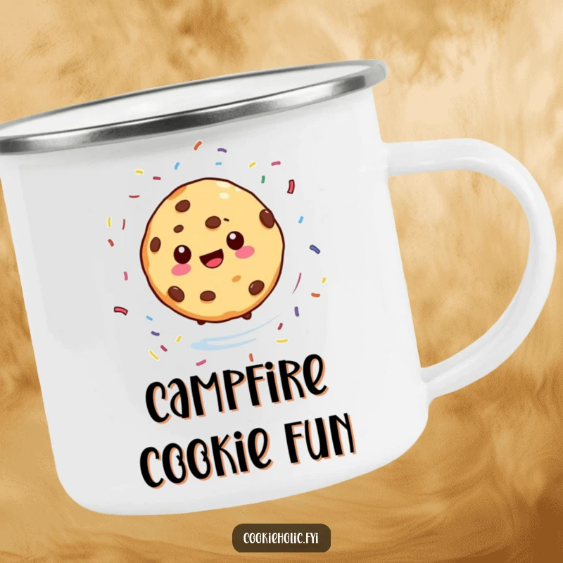 Funny enamel camping mug with a cookie character spinning with sprinkles scattering around, celebrating outdoor treats, a humorous gift.
