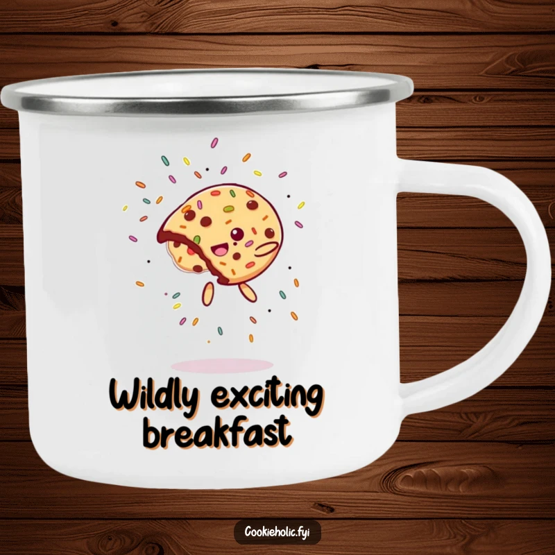 Funny Camping Mug: A cookie performs a flip with sprinkles flying, perfect for outdoor adventures and humorous hydration.