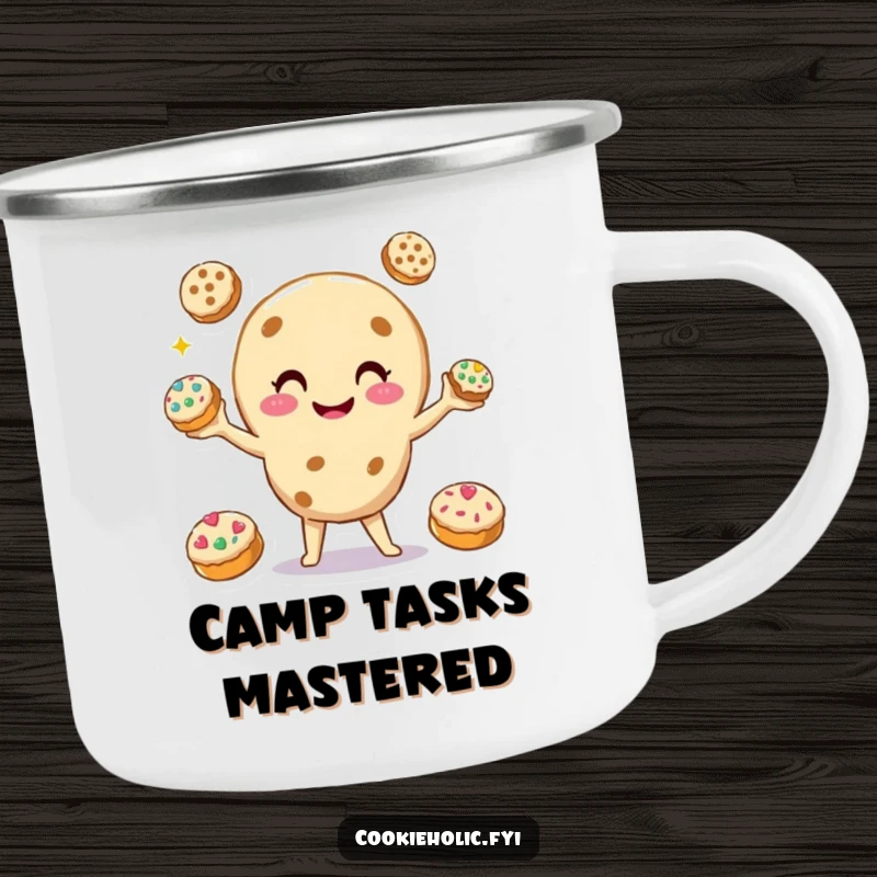 Funny Camping Mug with a smiling cookie character juggling three smaller, decorated cookies, perfect for outdoor multitasking and humor.