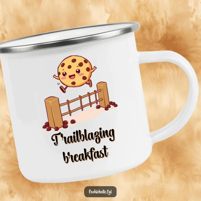 Funny Camping Mug: A cookie leaps over a chocolate chip fence, perfect for outdoor adventures and humorous hydration.