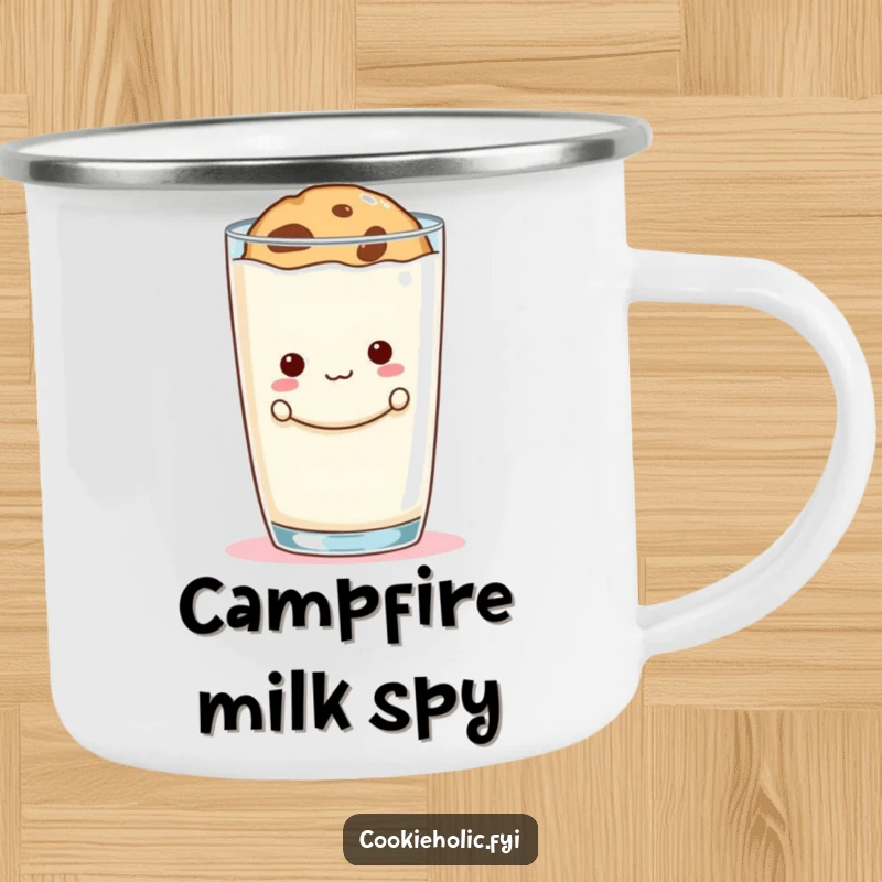 Funny cookie peek camping mug showing a mischievous cookie hiding behind a large milk glass during an adventure.