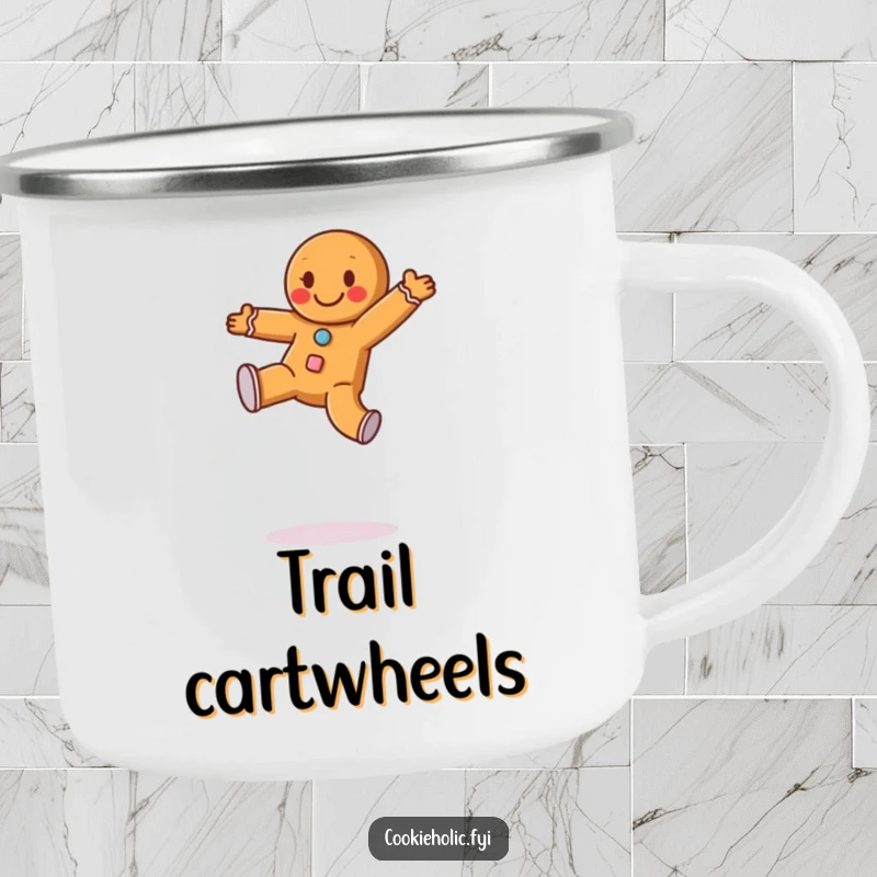 Funny camping mug with a happy gingerbread man with frosting buttons doing a cartwheel, perfect for outdoor adventures.