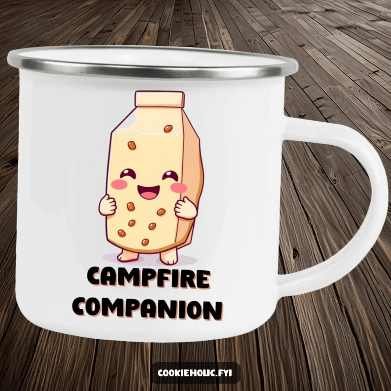 Funny camping mug featuring a cookie smiling and hugging a milk carton, for enjoying drinks outdoors.