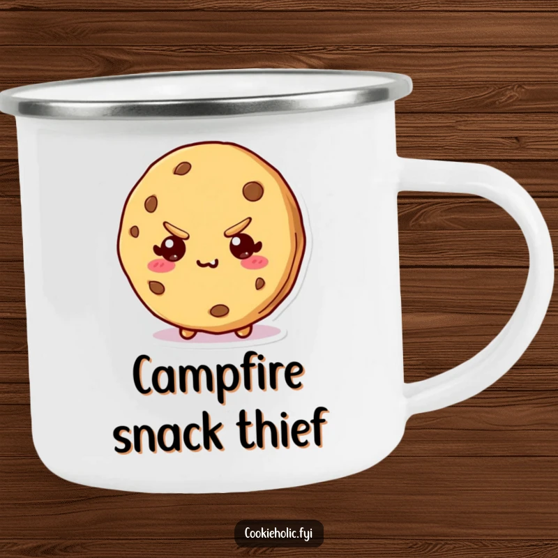 Funny camping mug featuring a kawaii cookie character with a bite mark and a mischievous grin, perfect for outdoor fun.