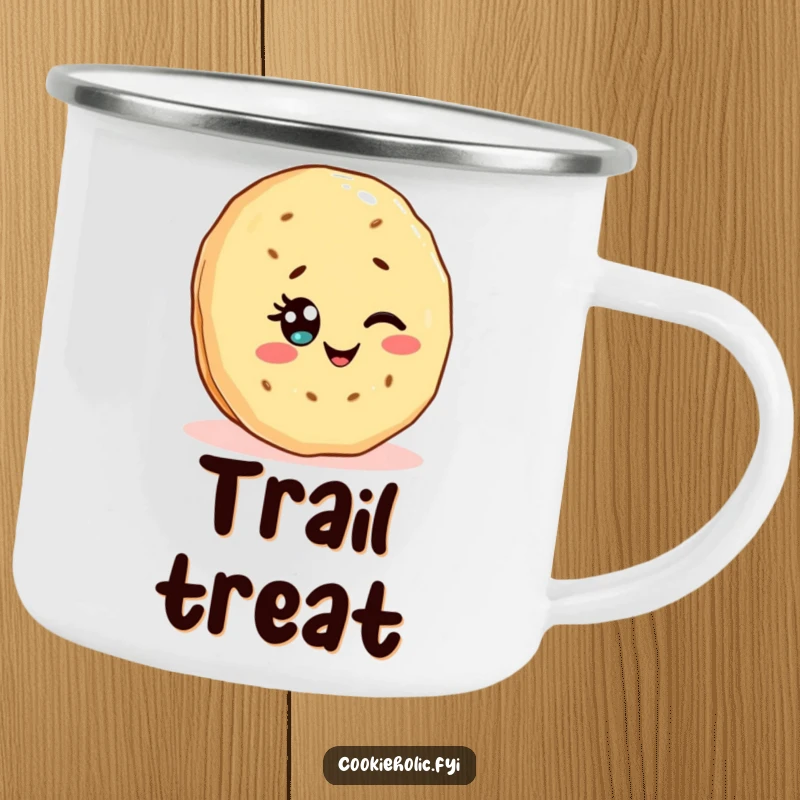 Funny camping mug with a Kawaii shortbread cookie character winking with a sprinkle eye, symbolizing sweet outdoor enjoyment.