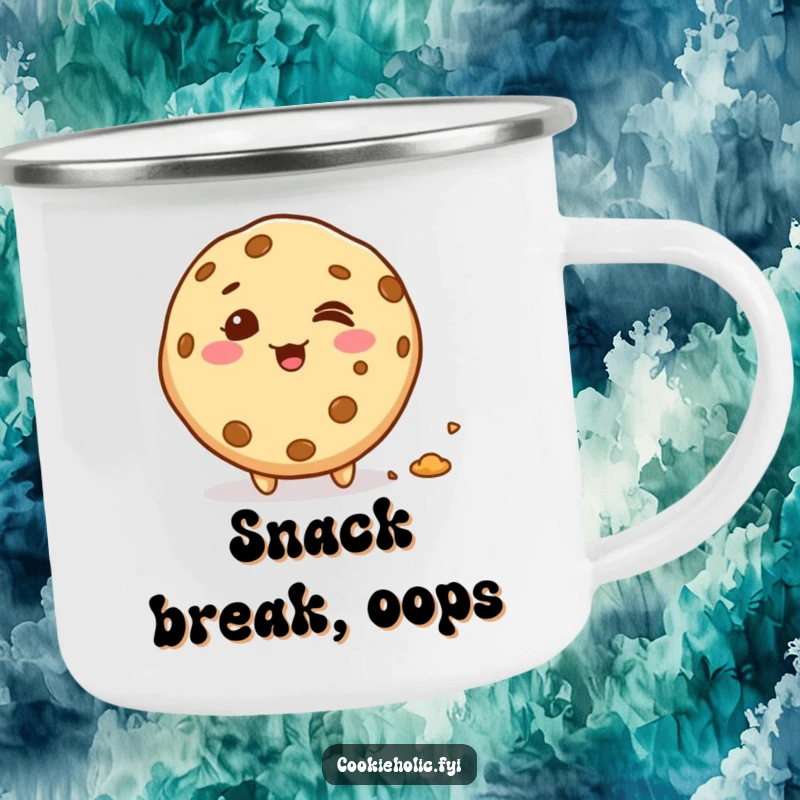 Funny giggling kawaii cookie character leaving a trail of crumbs, durable camping mug for snack lovers, perfect funny gift for campers.