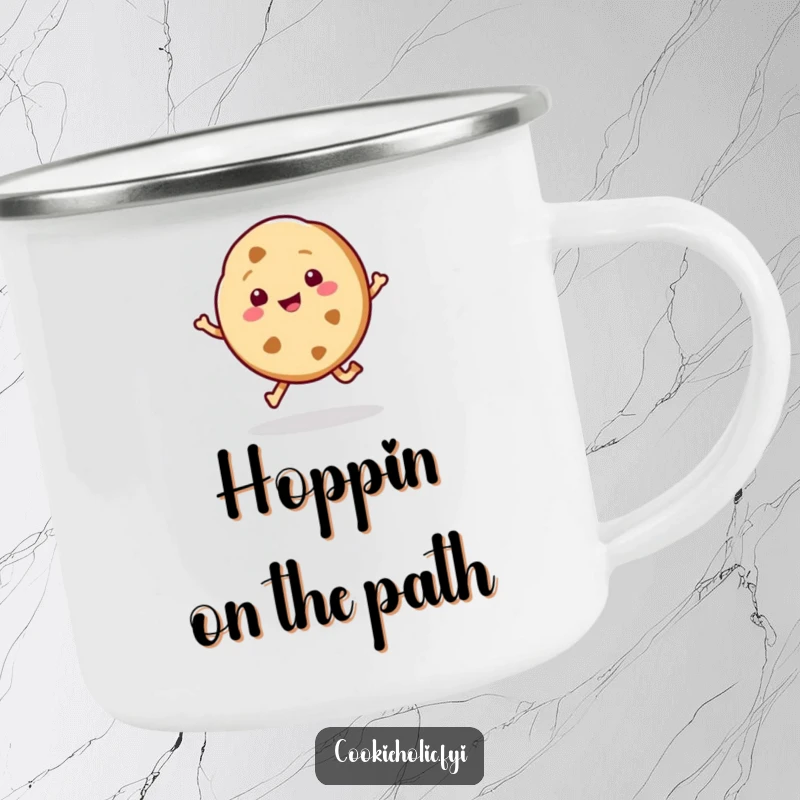 Funny enamel camping mug showing a kawaii cookie character happily hopping, great for sweet outdoor moments.