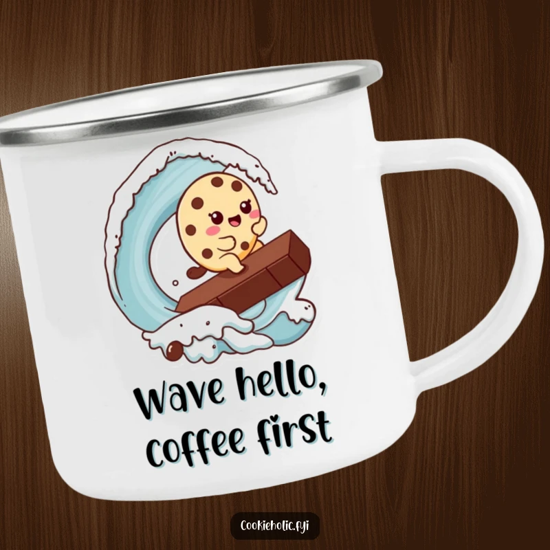 Funny Kawaii cookie character surfing a giant chocolate chip, depicted on a durable, funny enamel camping mug.