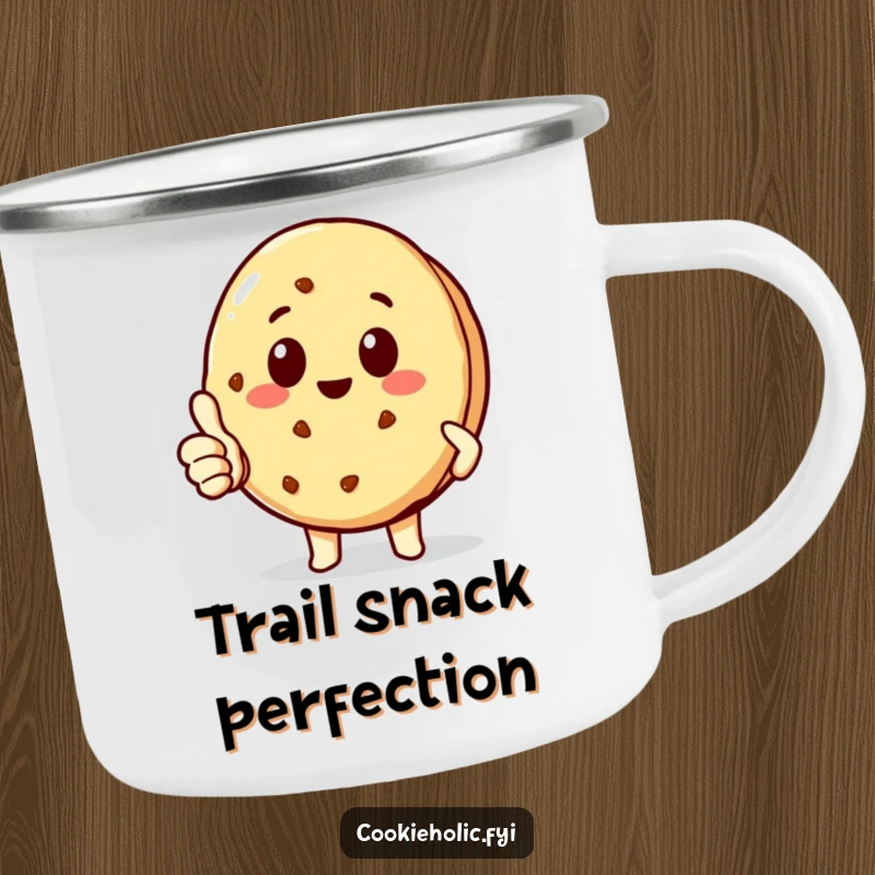 Funny delighted kawaii cookie character giving a thumbs-up, durable camping mug for happy people, perfect funny gift for campers.