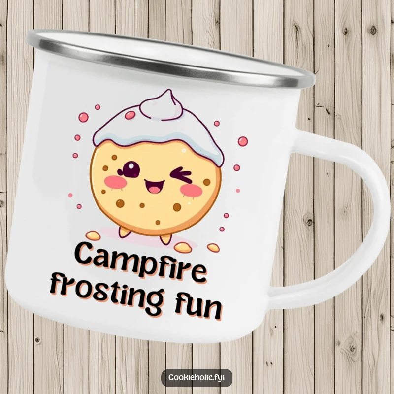 Funny Camping Mug: A Kawaii cookie character winks playfully while scattering frosting, ready for outdoor fun.
