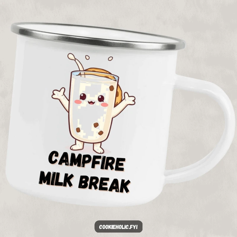 Funny camping mug with a cookie character embracing a giant glass of milk, perfect for outdoor enjoyment.