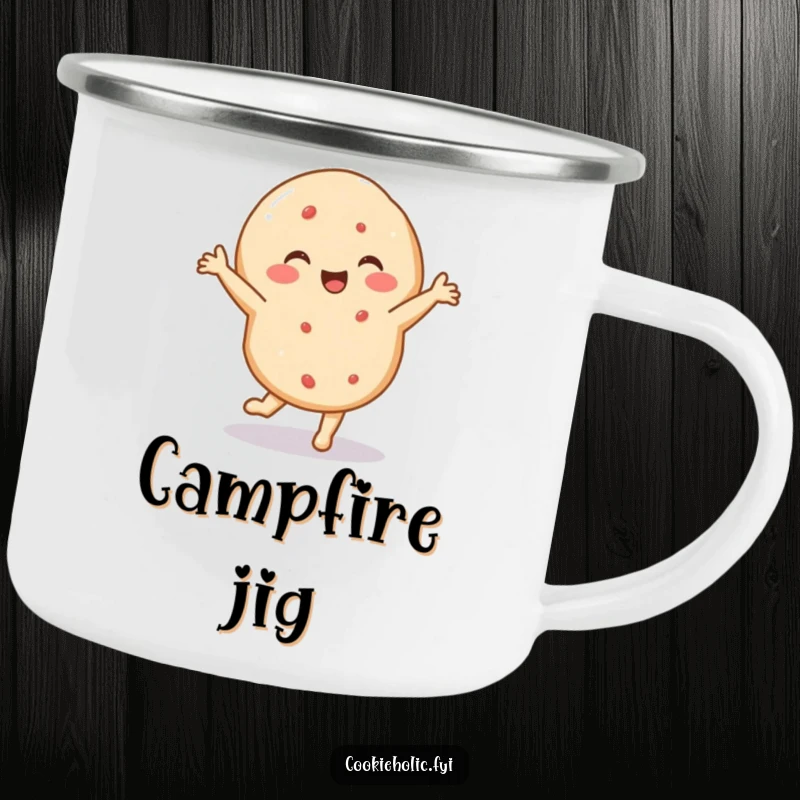 Funny camping mug with a delighted sugar cookie performing a tiny, energetic dance, perfect for outdoor adventures.