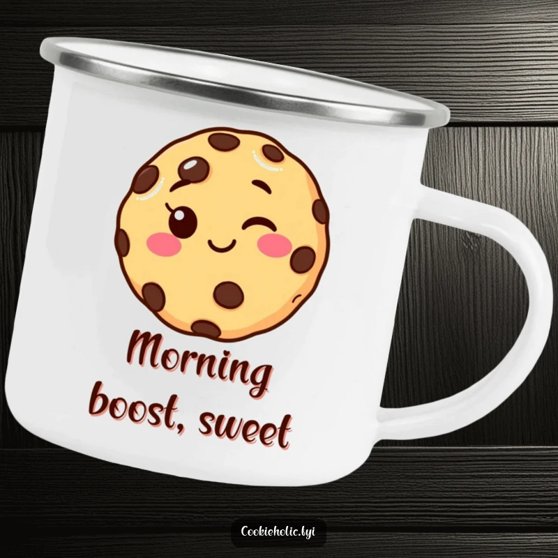 Funny winking chocolate chip cookie camping mug, perfect for outdoor trips, designed for durability and humorous enjoyment of beverages.