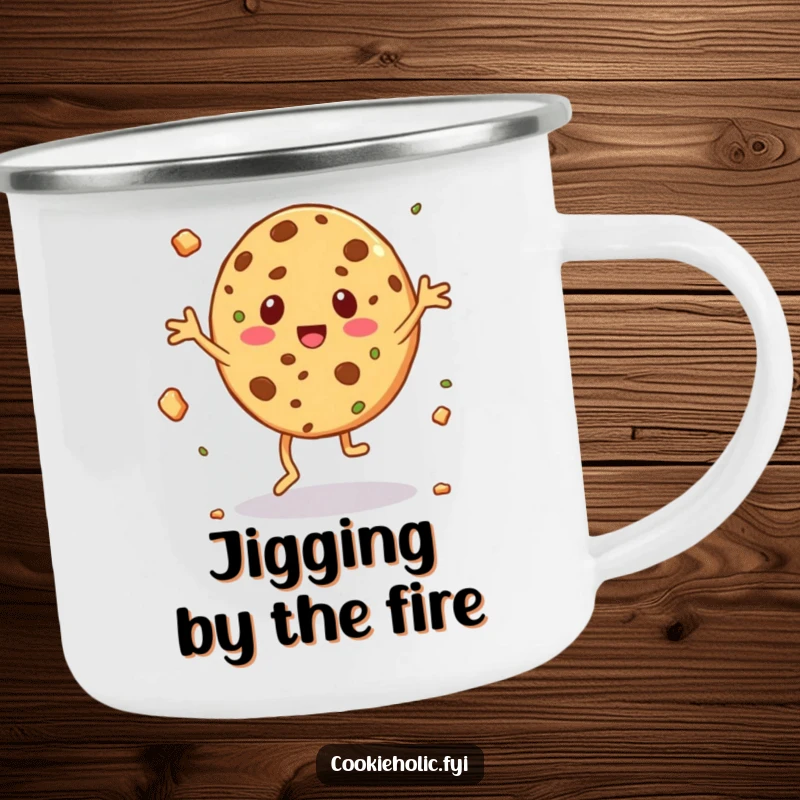Funny camping mug featuring a cookie character doing a silly jig with crumbs flying, perfect for outdoor fun.