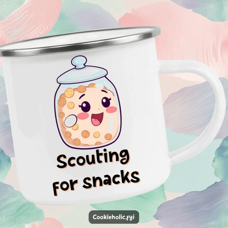 Funny Camping Mug: Cookie jar character peeks from its open lid with delight during an outdoor adventure. A rustic funny gift.