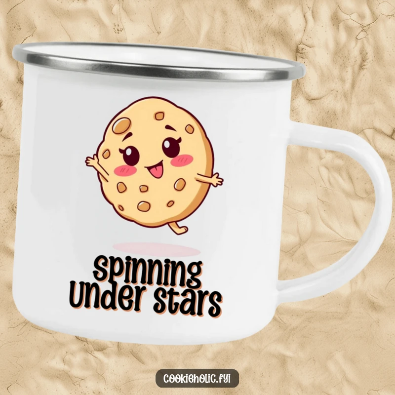 Funny camping mug featuring a cookie character in a silly spin, perfect for outdoor fun and sharing laughs around the campfire.