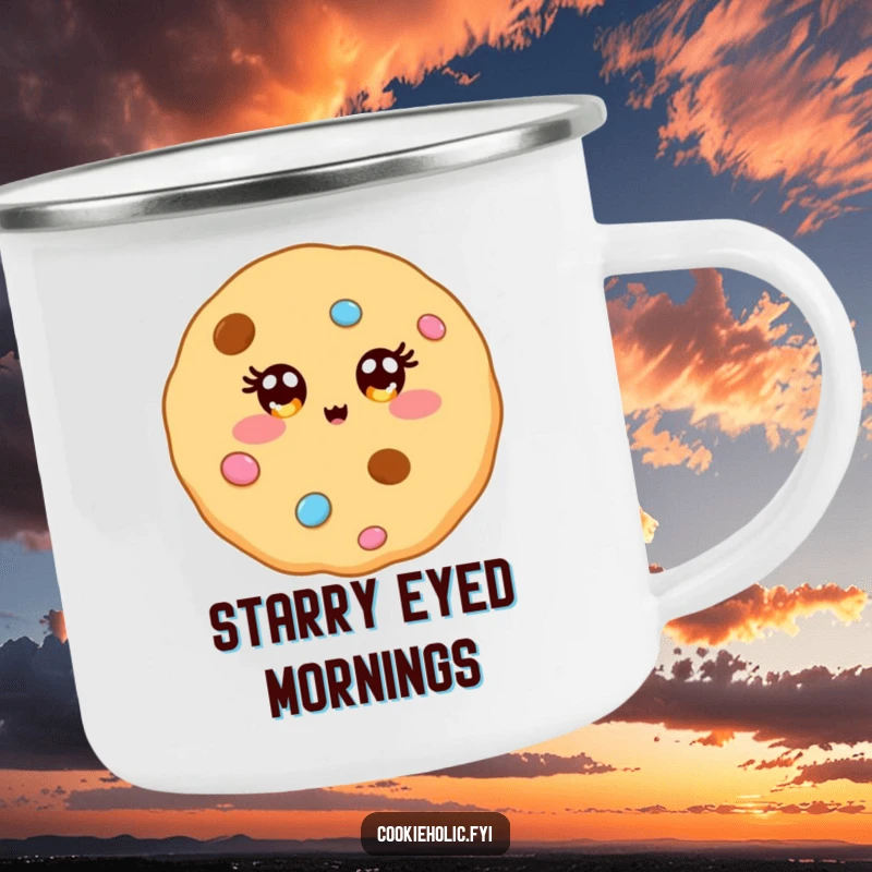 Funny camping mug featuring a kawaii cookie character with eyes sparkling like candy, perfect for outdoor enthusiasts.