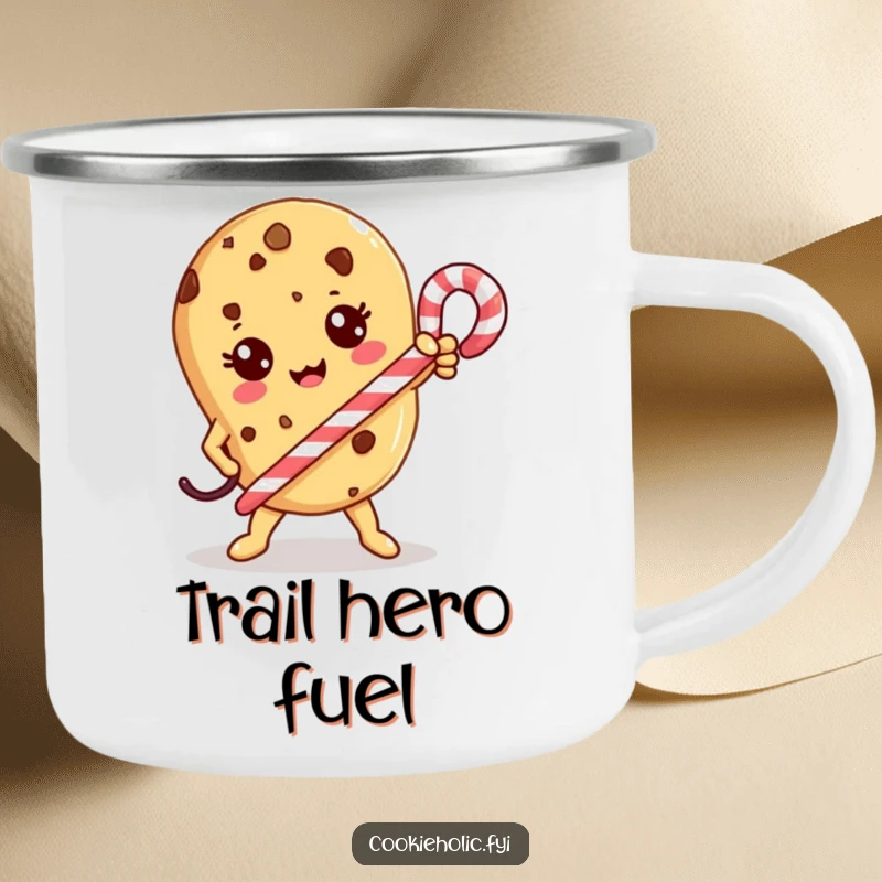 Funny Camping Mug: A Kawaii cookie character strikes a heroic pose with a candy cane, ready for adventures.