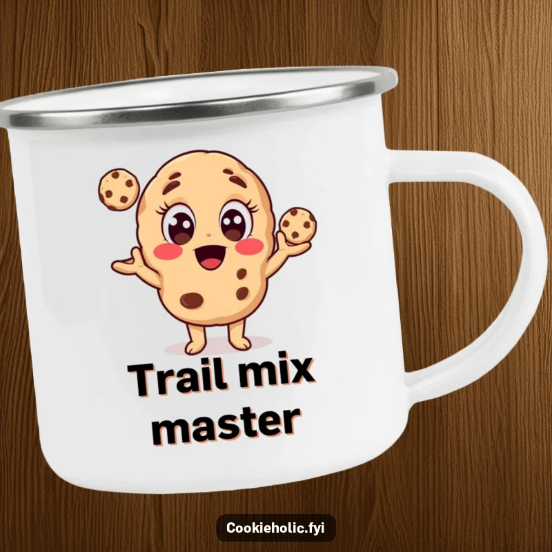 Funny camping mug featuring a cookie character juggling cookies, designed for outdoor adventures and a good laugh.