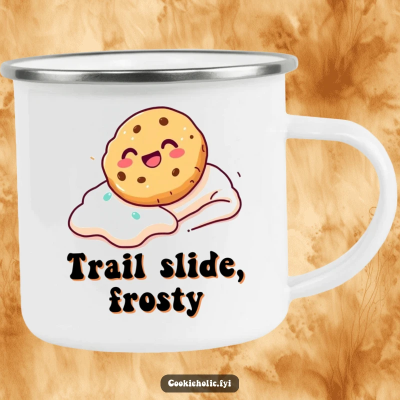 Funny Camping Mug showing a cookie sliding down a frosting slope with glee, perfect for enjoying sweet moments outdoors.