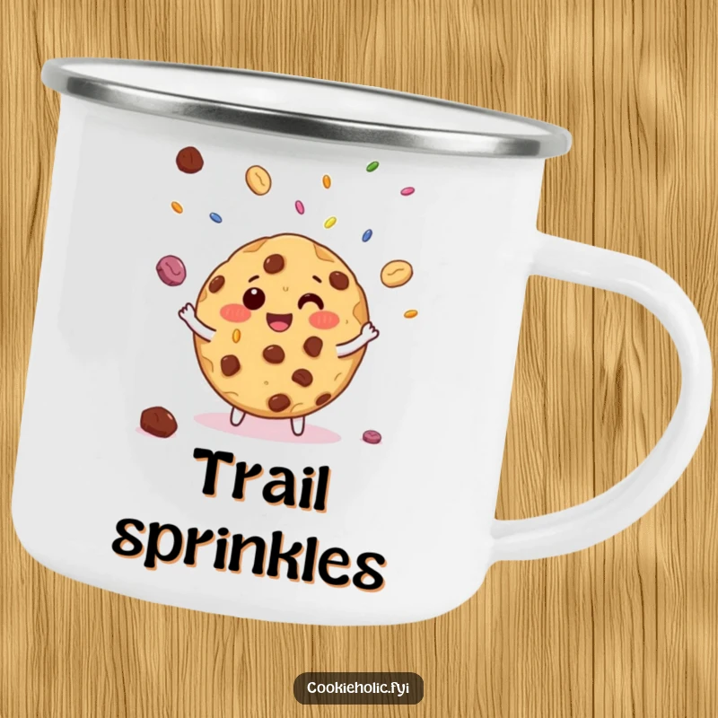 Funny camping mug with a giggling chocolate chip cookie juggling miniature candy sprinkles, perfect for outdoor adventures.