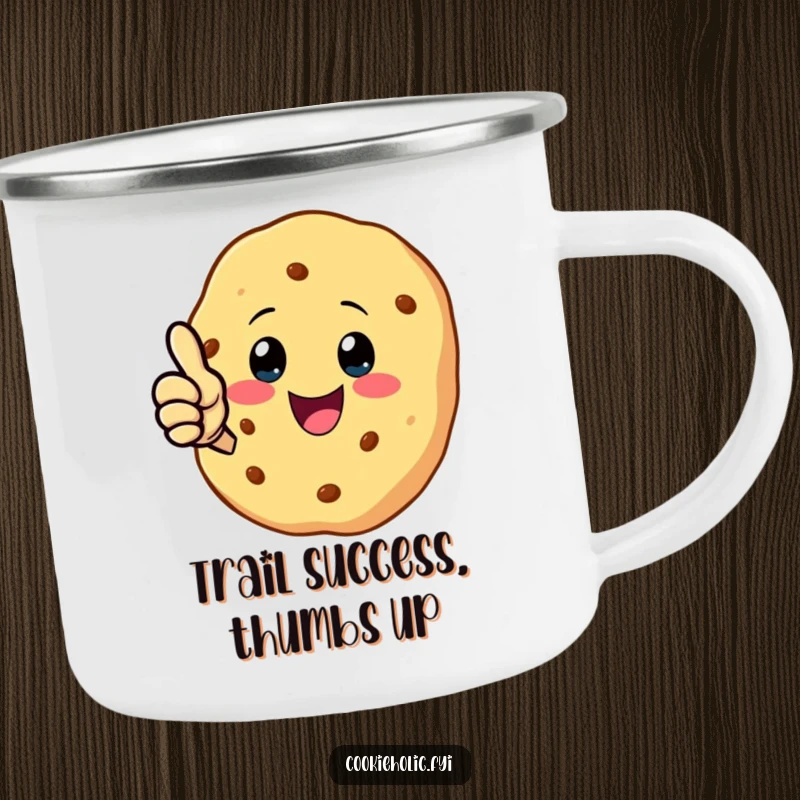 Funny camping mug featuring a kawaii cookie character giving a solid thumbs-up, perfect for outdoor enthusiasts.