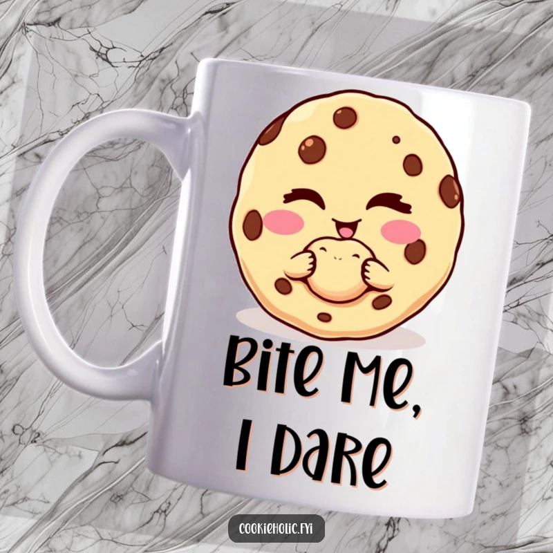 Funny mug featuring a cookie character winking slyly while offering a delicious, perfect bite.