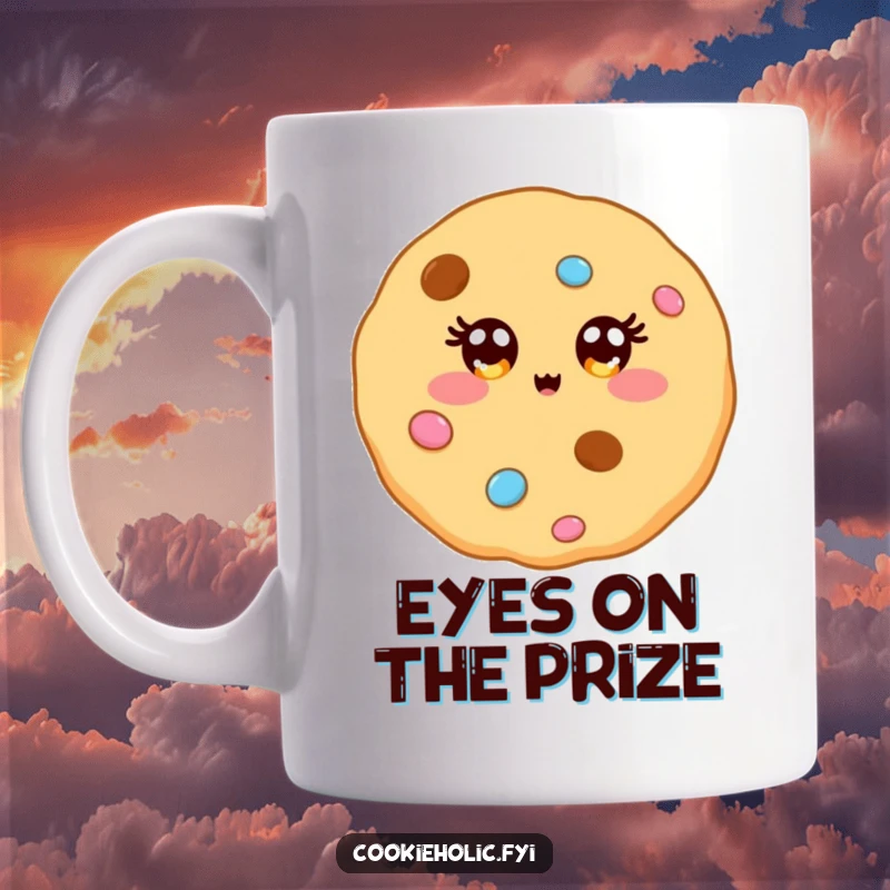 Funny mug featuring a kawaii cookie character with eyes that sparkle brightly like colorful candy decorations.