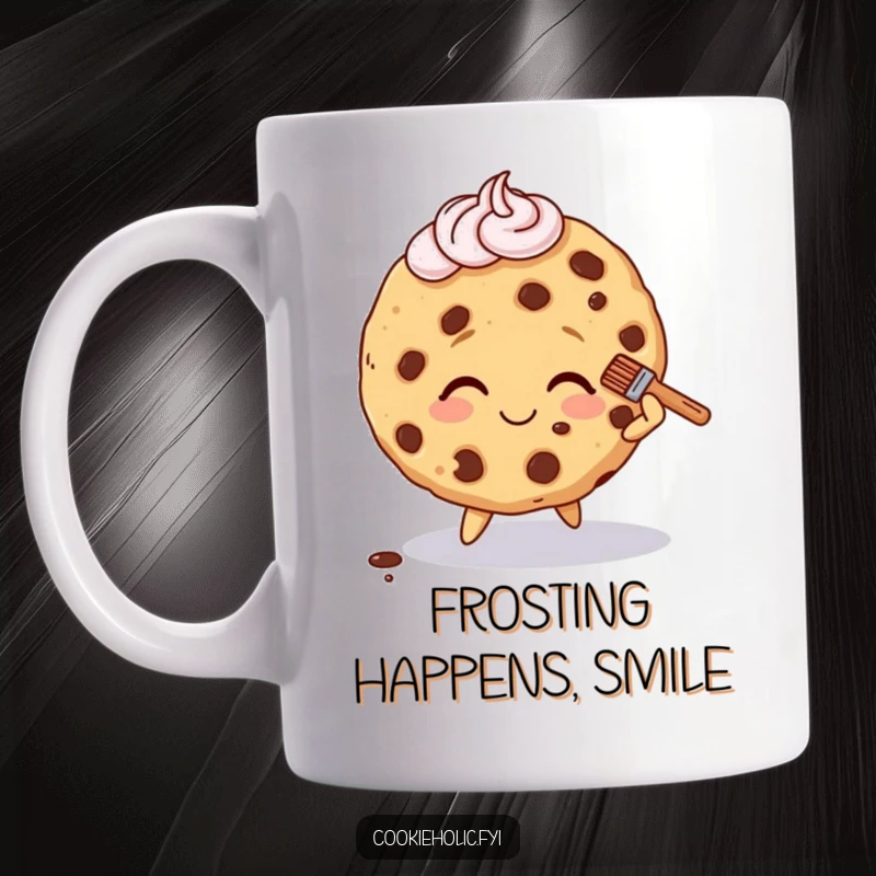 Funny mug featuring a cookie character tripping slightly but smiling, brushing off a bit of frosting with grace.