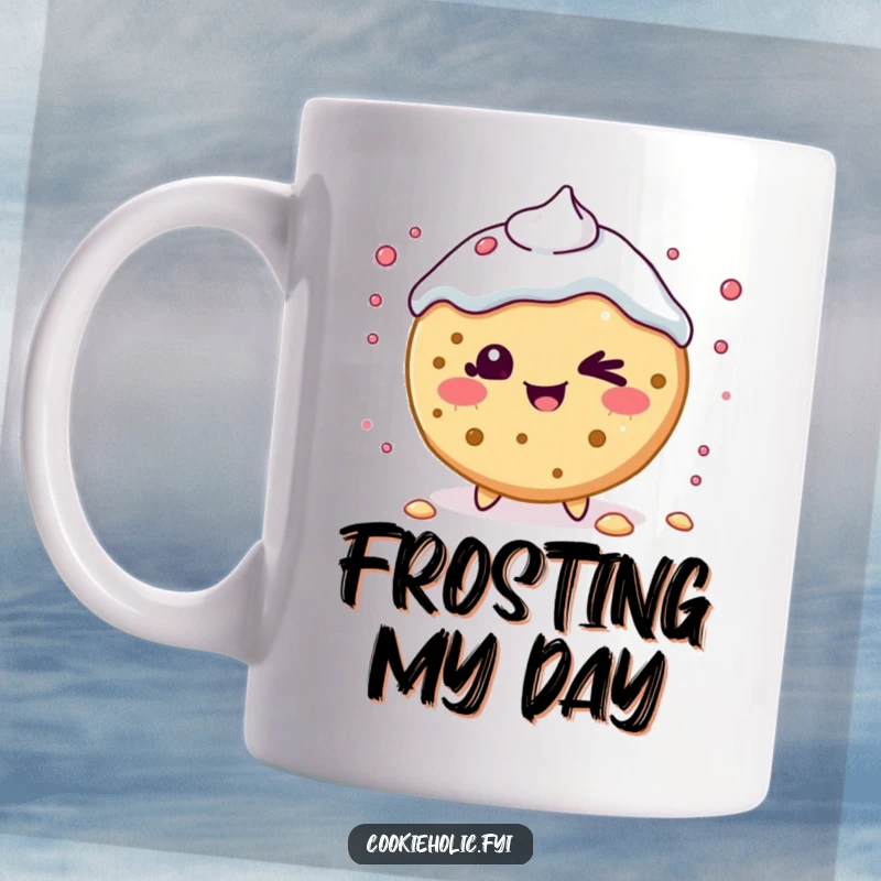 Funny Mug: A beaming Kawaii cookie character winks mischievously while playfully scattering dollops of frosting.