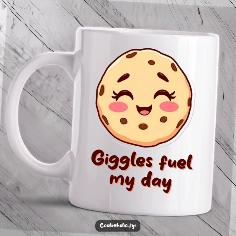 Funny mug featuring a cookie character with a delighted, slightly messy face, caught mid-giggle.