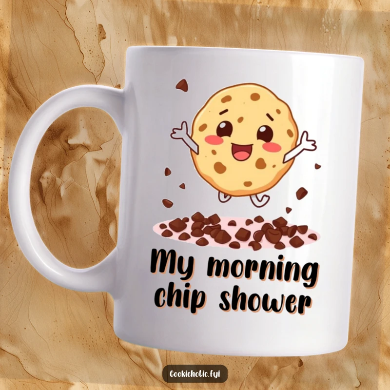 Funny mug featuring a joyful cookie character mid-leap, scattering chocolate chips with pure glee and excitement.