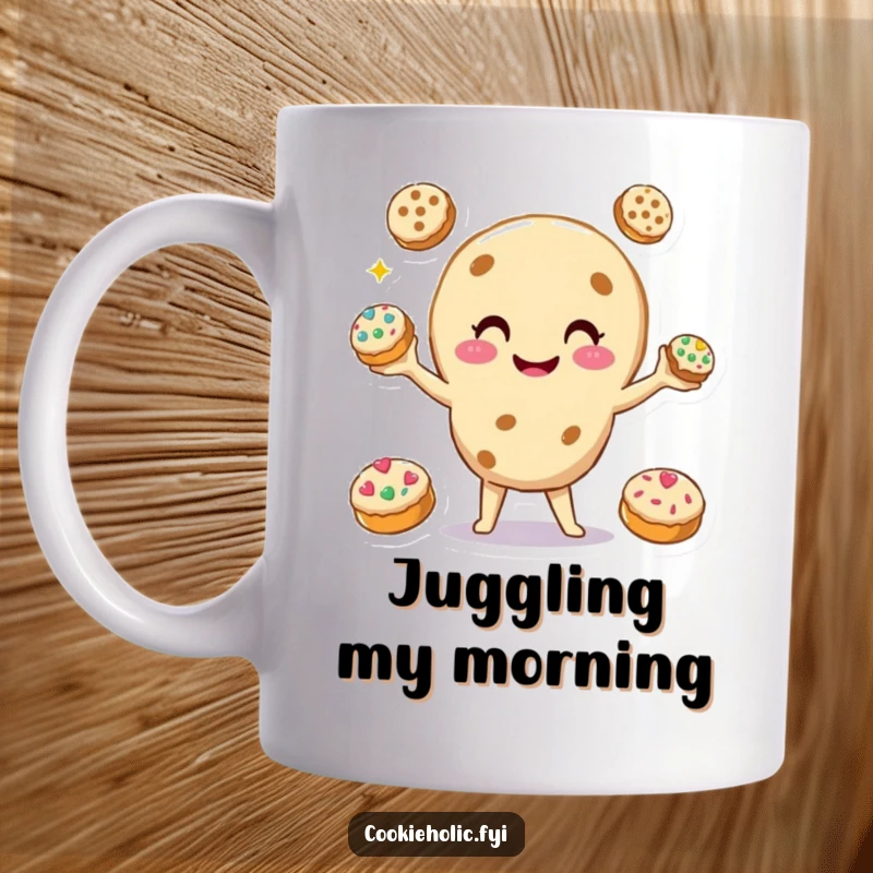 Funny Mug showing a smiling cookie character skillfully juggling three smaller, decorated cookies, representing multitasking and joy.