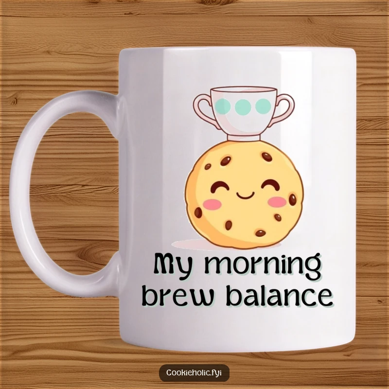 Funny cookie mug, a cookie with a frosting smile balancing a tiny teacup on its head, looking delightful.