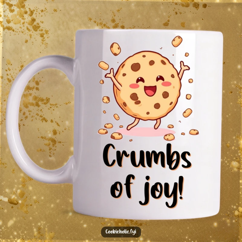 Funny cookie mug with a happy cookie dancing joyfully and scattering crumbs, spreading pure delight and cheer.