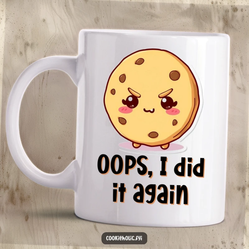 Funny mug featuring a kawaii cookie character with a noticeable bite mark and a sly, mischievous expression.