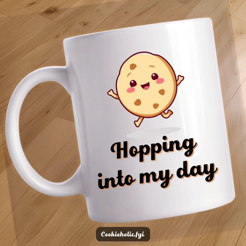 Funny mug with a kawaii cookie character mid-hop, radiating pure joy and sweetness, perfect for a cheerful start.