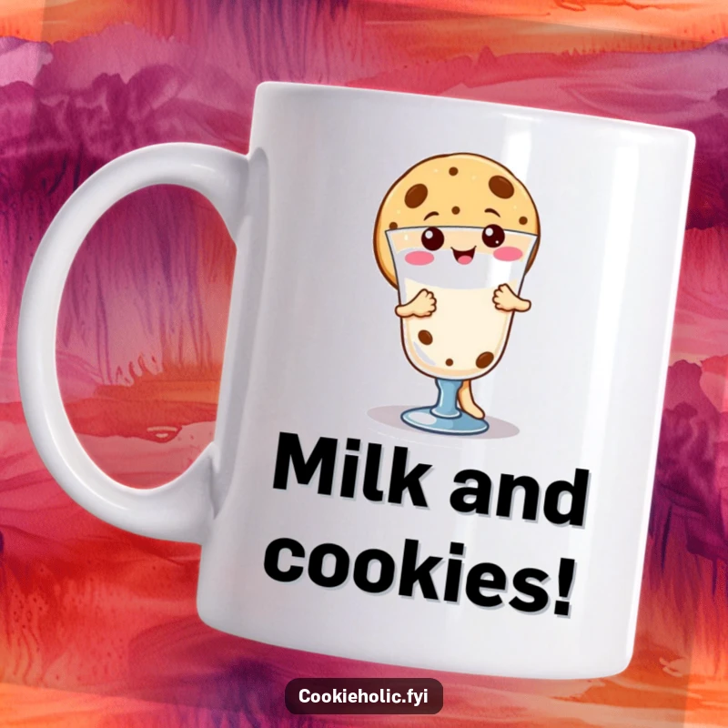 Funny cheerful kawaii cookie character joyfully dancing around a glass of milk, cute and happy gift idea.