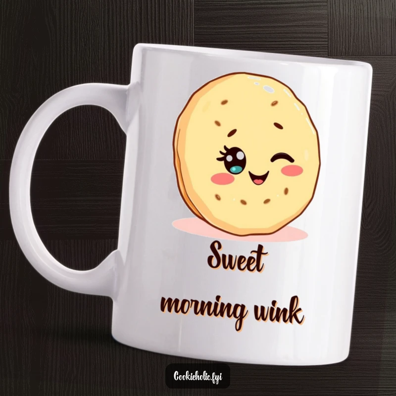 Funny Kawaii mug featuring a shortbread cookie character playfully winking with a sprinkle as its eye, radiating sweet mischief.
