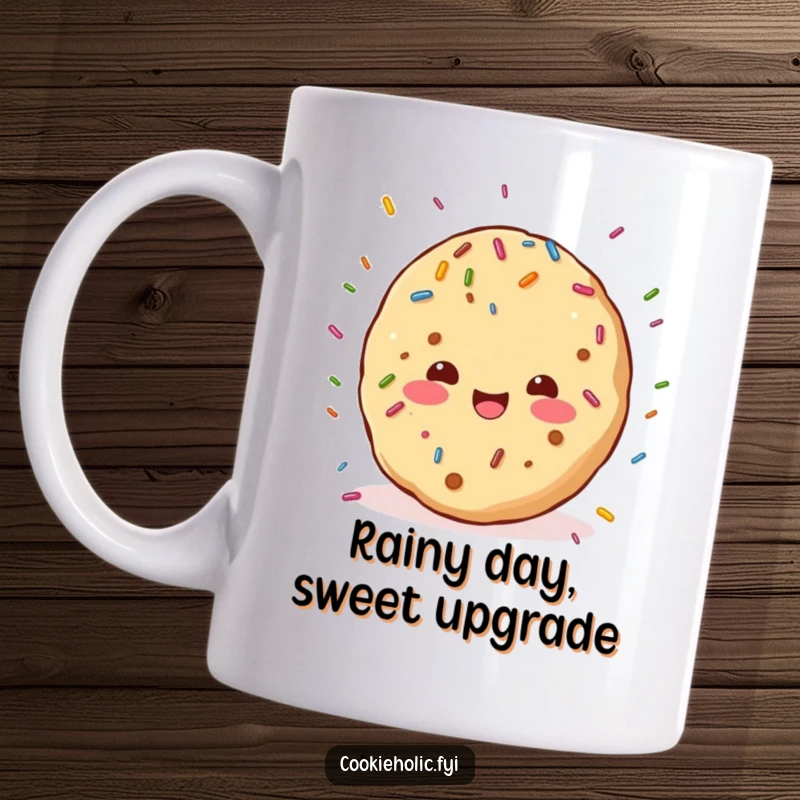 Funny mug featuring a kawaii cookie character joyfully showered by colorful sprinkles, embodying pure, sweet happiness.