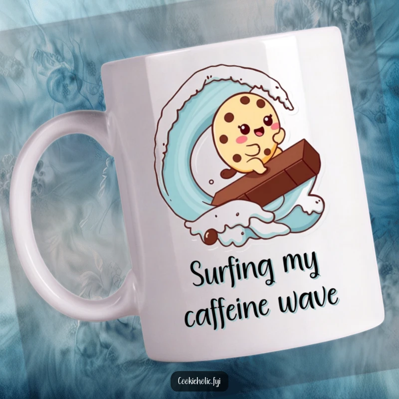 Funny Kawaii cookie character joyfully riding a giant chocolate chip like a tidal wave, perfect for a funny gift.