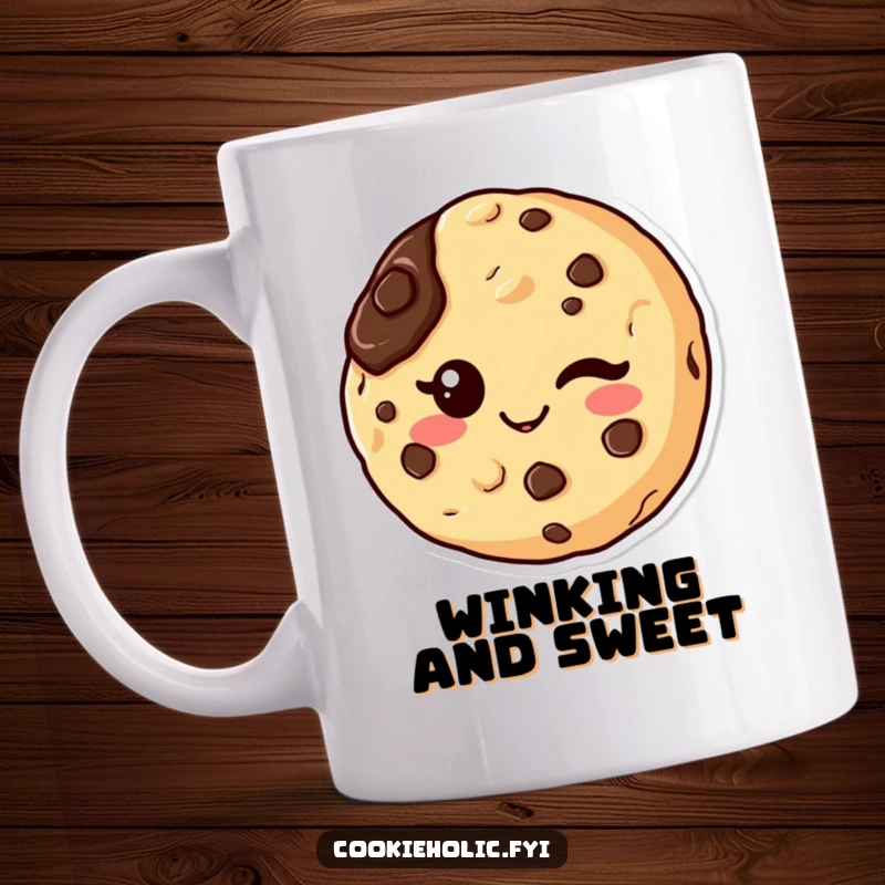 Funny mug with a kawaii chocolate chip cookie character winking cheekily, with a smudge of chocolate on its face.