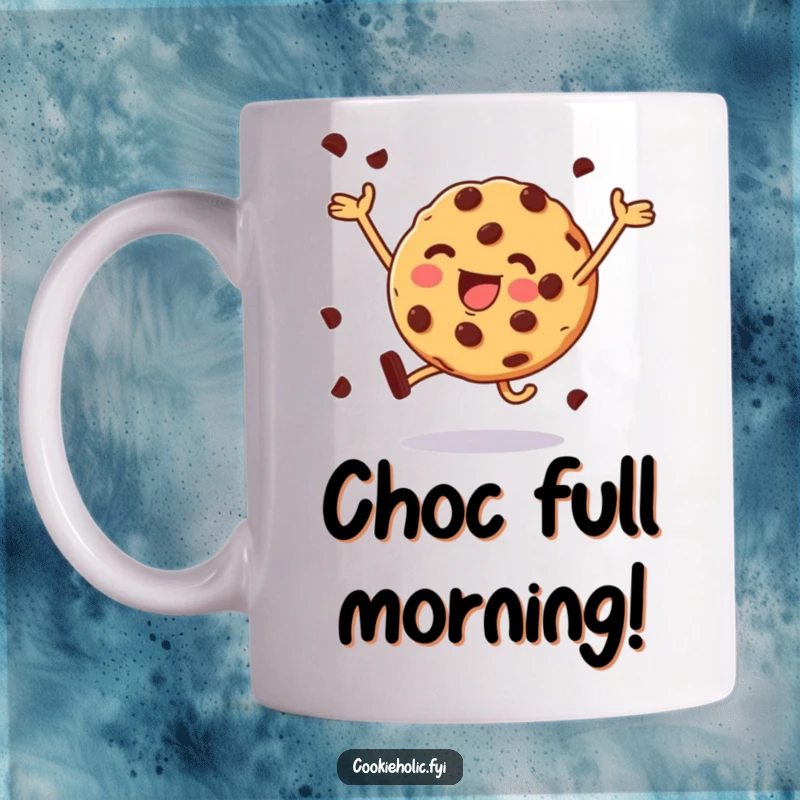 Funny mug featuring a chocolate chip cookie excitedly leaping, embodying pure, delicious happiness.