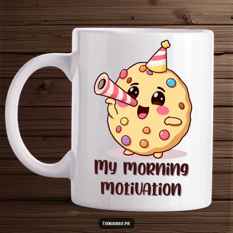 Funny party cookie with candy decorations enthusiastically blowing a horn, spreading joy and celebration on a ceramic mug.