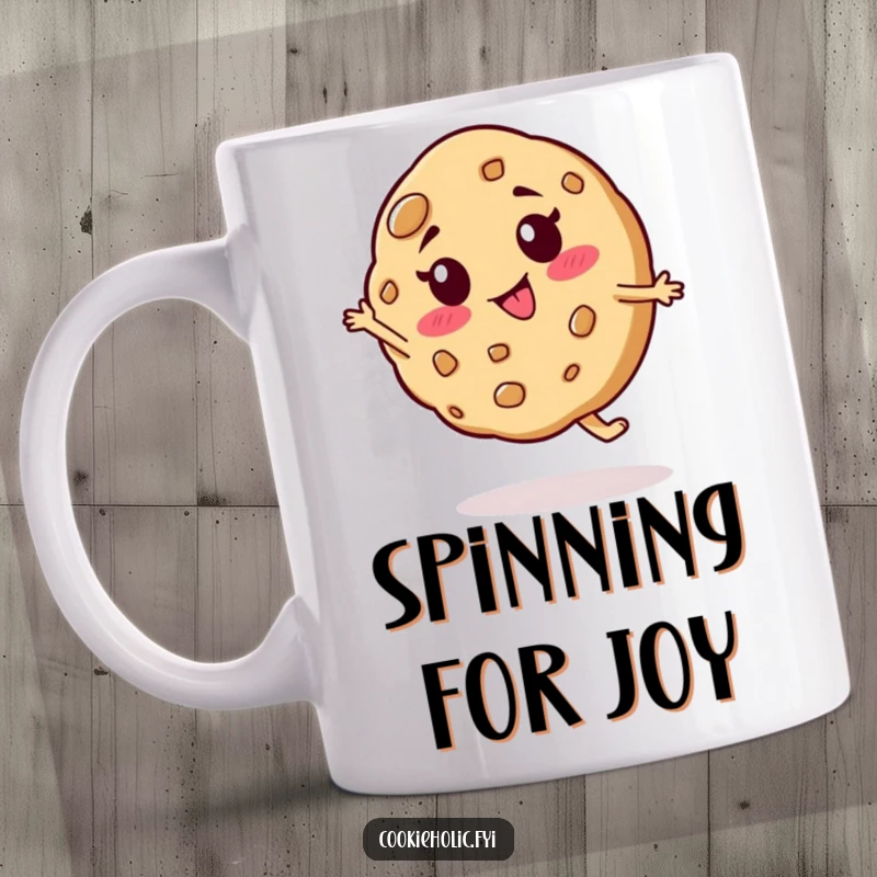 Funny mug showing a cookie character with a goofy expression doing a silly, energetic spin, capturing pure joy and fun.
