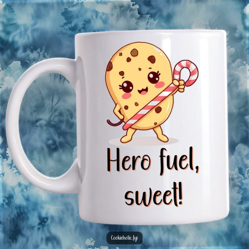 Funny Mug: A Kawaii cookie character strikes a heroic pose, holding a candy cane like a sword.