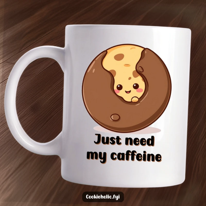 Funny shy cookie mug, a cookie peeking from behind a huge chocolate chip with a small, bashful smile.