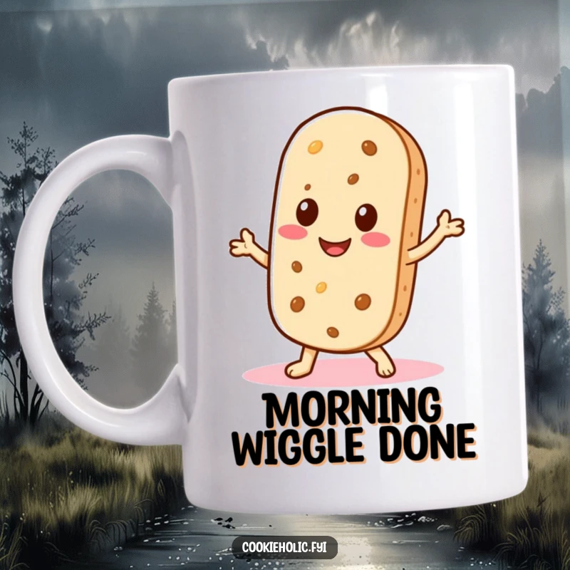 Funny Kawaii mug featuring a wafer cookie character smiling and doing a little shimmy, radiating playful joy.